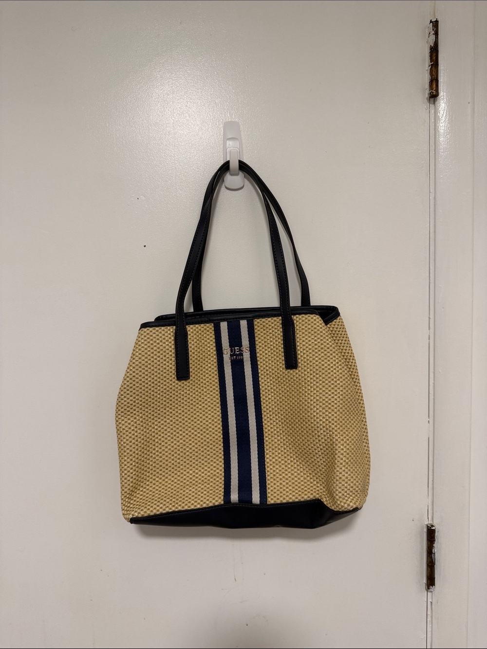 GUESS Beige Tote with Navy Stripe and Black Trim